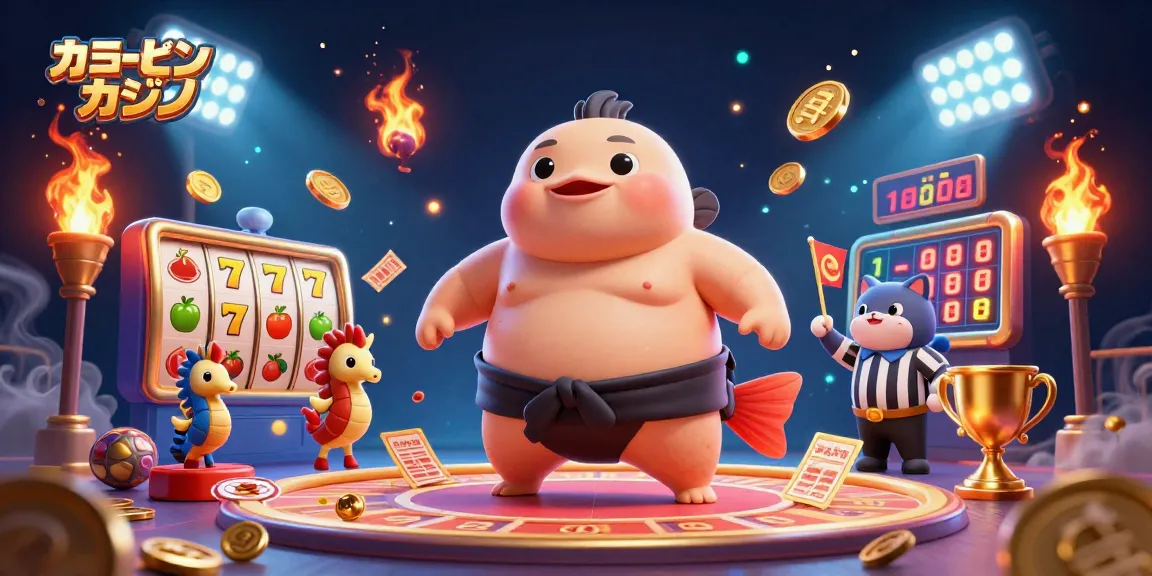 オンラインカジノのための活気に満ちた3Dイラストで、フグとキャットフィッシュ審判がゲームを盛り上げるシーン。