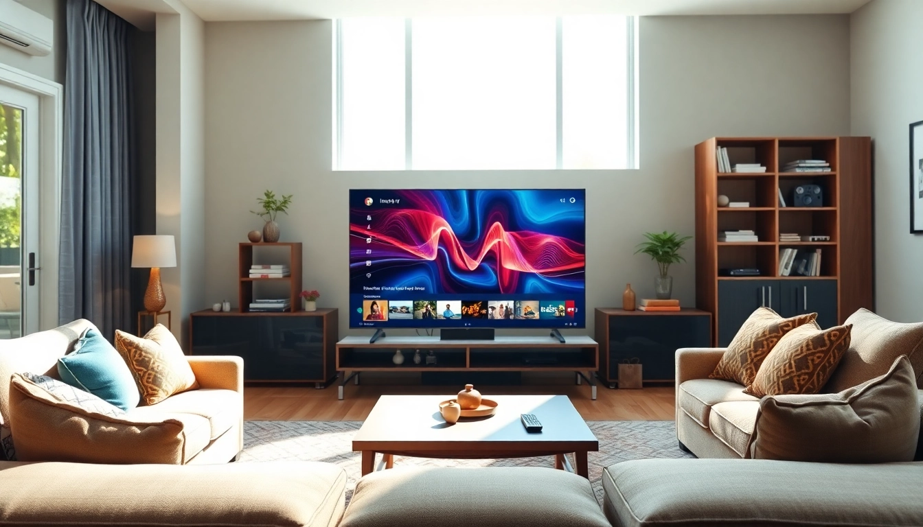 Showcase the iron TV pro streaming setup in a cozy living room environment.