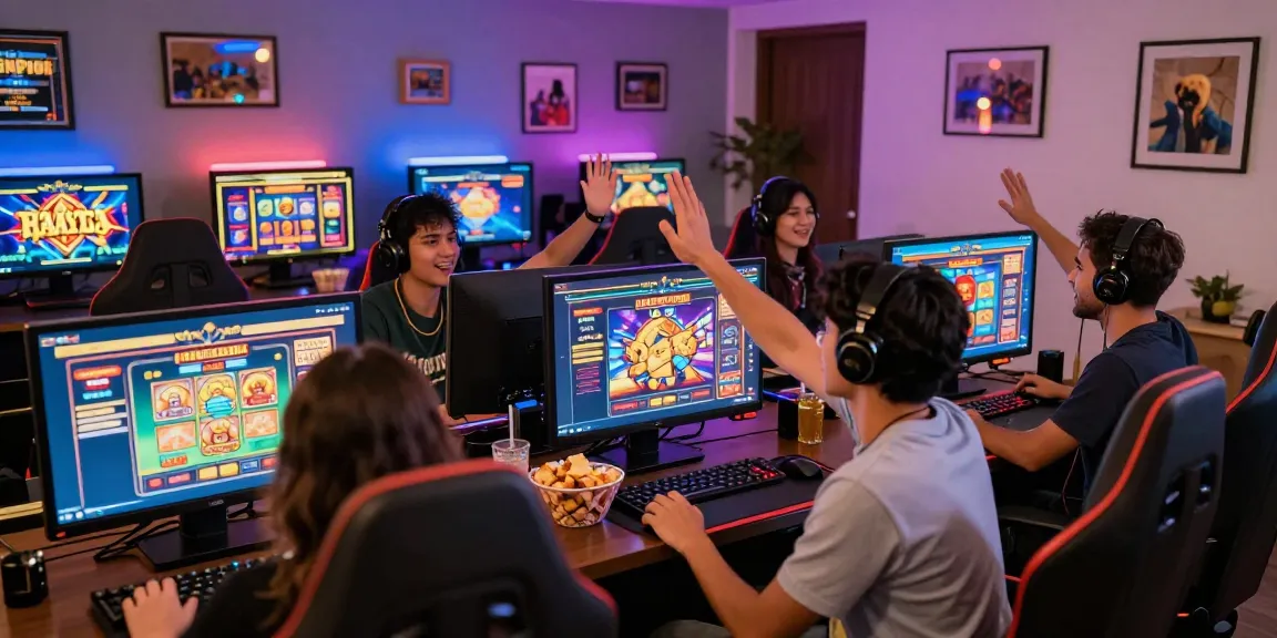 A lively online gaming setup with friends celebrating wins at slot gacor games.