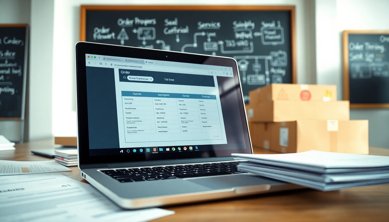 Efficient order processing software interface with shipping materials in a bright office.