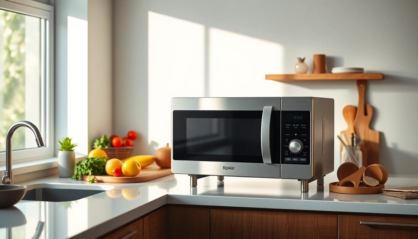 Explore microwave oven sales with a modern kitchen featuring a sleek oven and fresh ingredients.