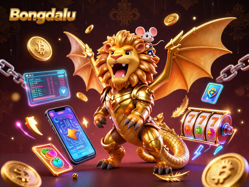 Bongdalu's exciting slots and jackpots showcased through a dynamic, roaring chimera with digital assets.