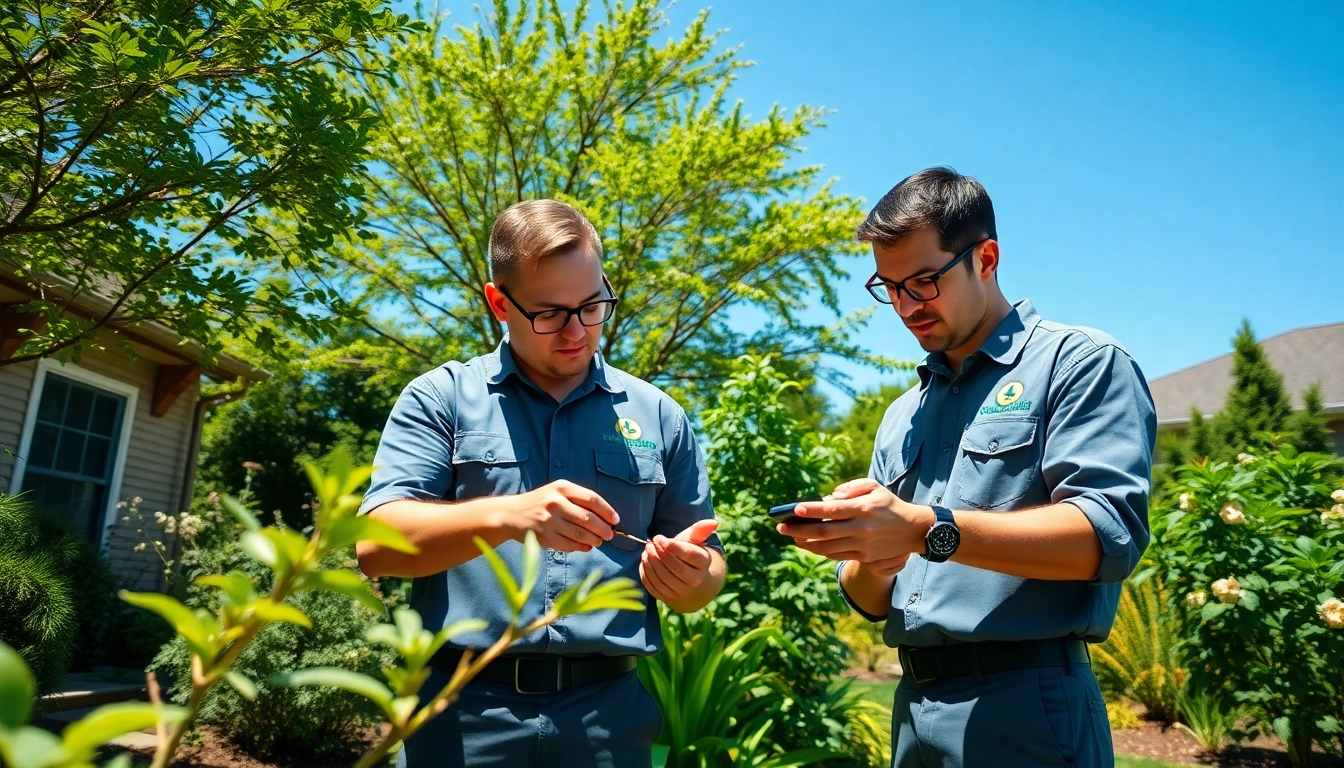 Local bug removal experts inspecting a garden for pest issues with professional precision.