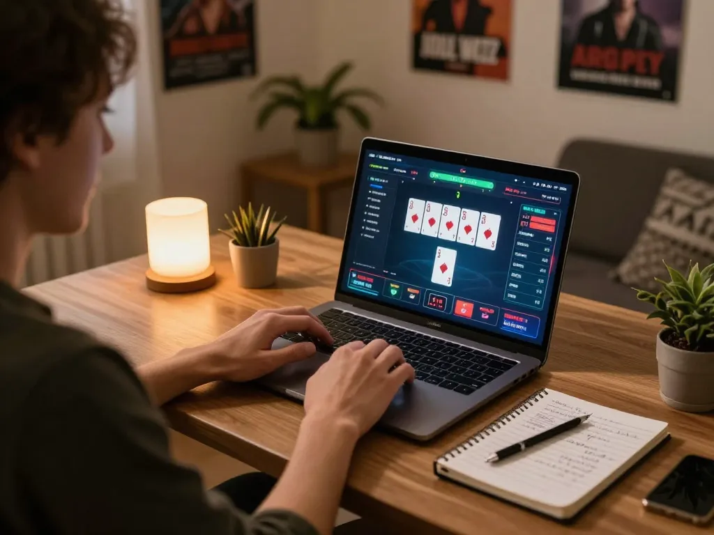 The hidden wiki accessed through a laptop, showcasing online poker gameplay with strategic notes visible