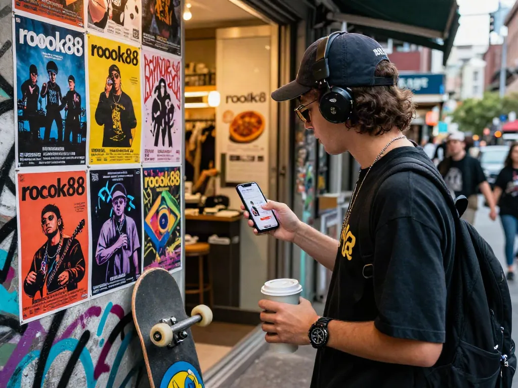 Explore exclusive rokok88 merchandise in an urban street scene with vibrant fashion and culture.