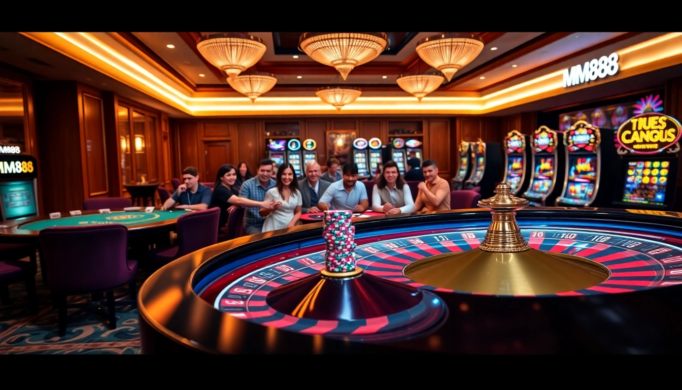 Betting excitement at MM88 casino with vibrant roulette and poker tables.