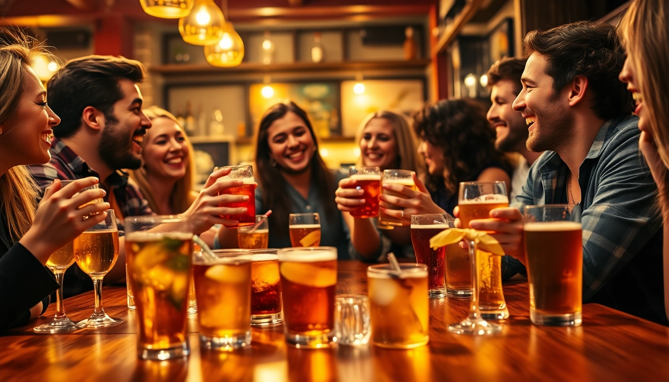 Group of friends celebrating in a pub illustrates why do we say on the lash.