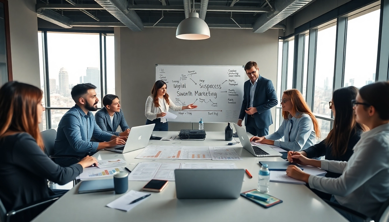 Rankingo strategia marketingowa w biurze z zespołem współpracującym przy stole.