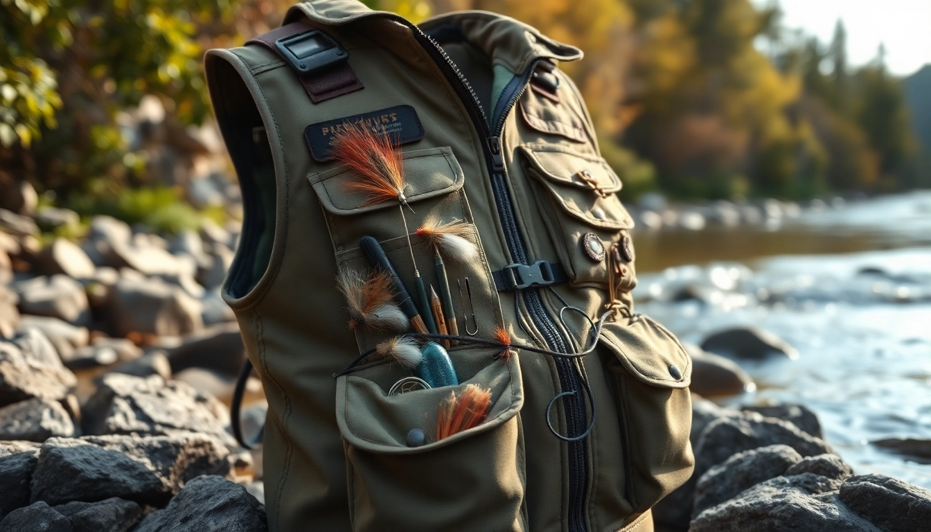 Efficiently equipped fly fishing vest on a riverbank with essential tools and accessories.