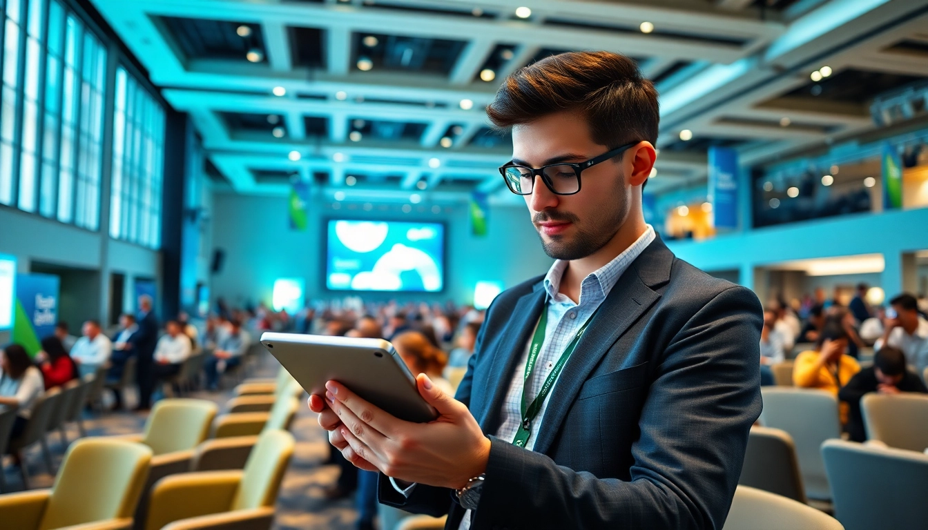 Event management software cost evaluation by a professional in a vibrant conference setting.
