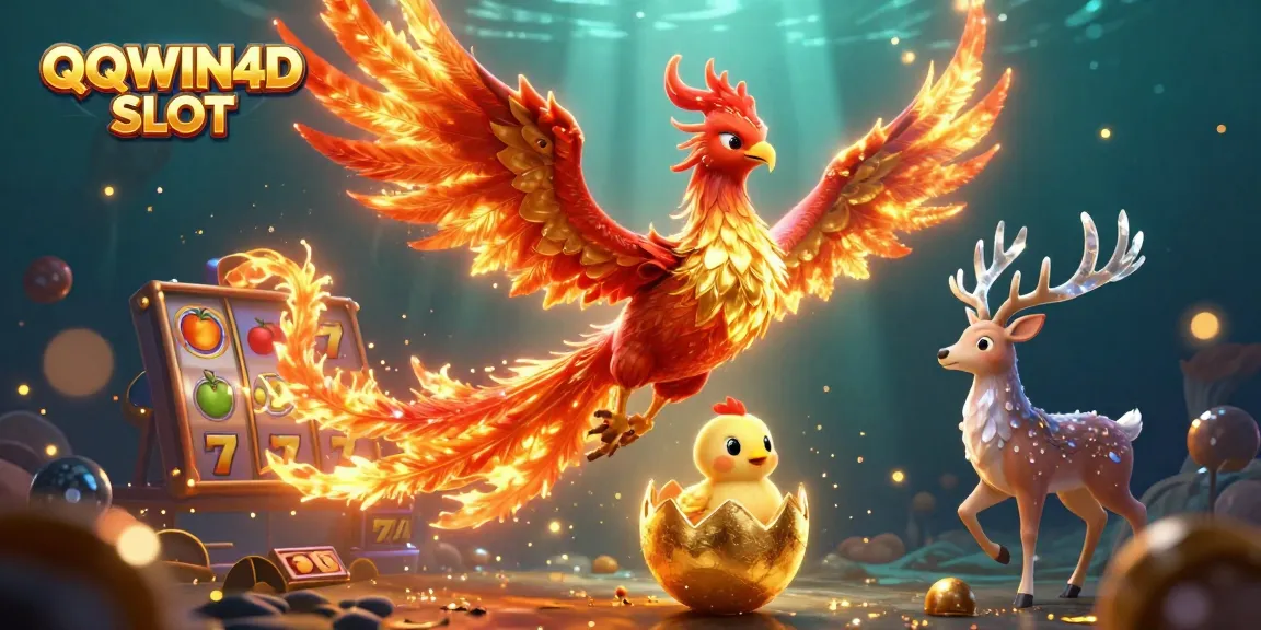 QQWIN4D SLOT menonjolkan petualangan slot dengan karakter phoenix dan simbol jackpot.