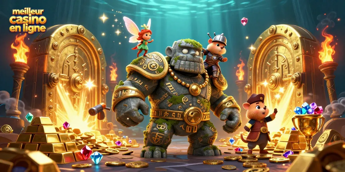 Visualisez le meilleur casino en ligne avec un golem magique, une fée et un hamster chevalier entourés de trésors scintillants.