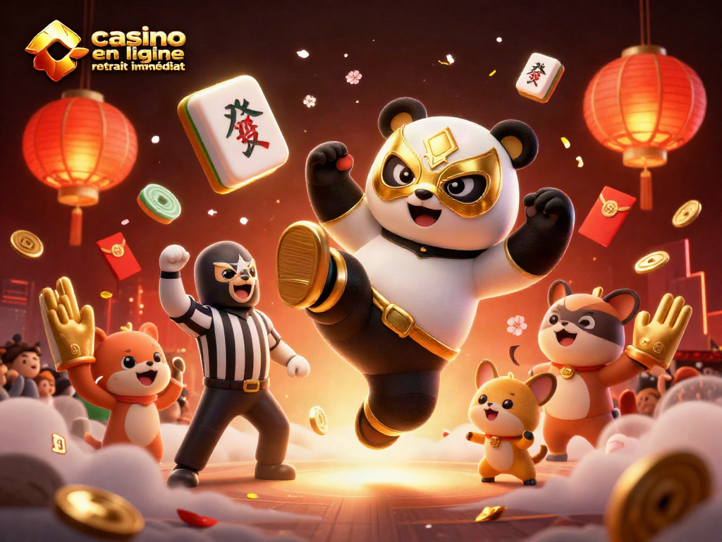 Illustration animée de casino en ligne retrait immédiat avec un panda lutteur et des spectateurs en folie.