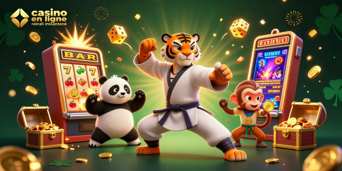 Profitez de gains rapides et faciles avec casino en ligne retrait instantané, illustrant un tigre maître des arts martiaux entouré d'éléments ludiques.