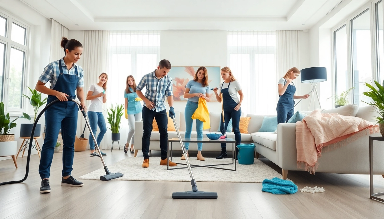 Efficient cleaning service team showcasing professionalism in a bright, modern home.
