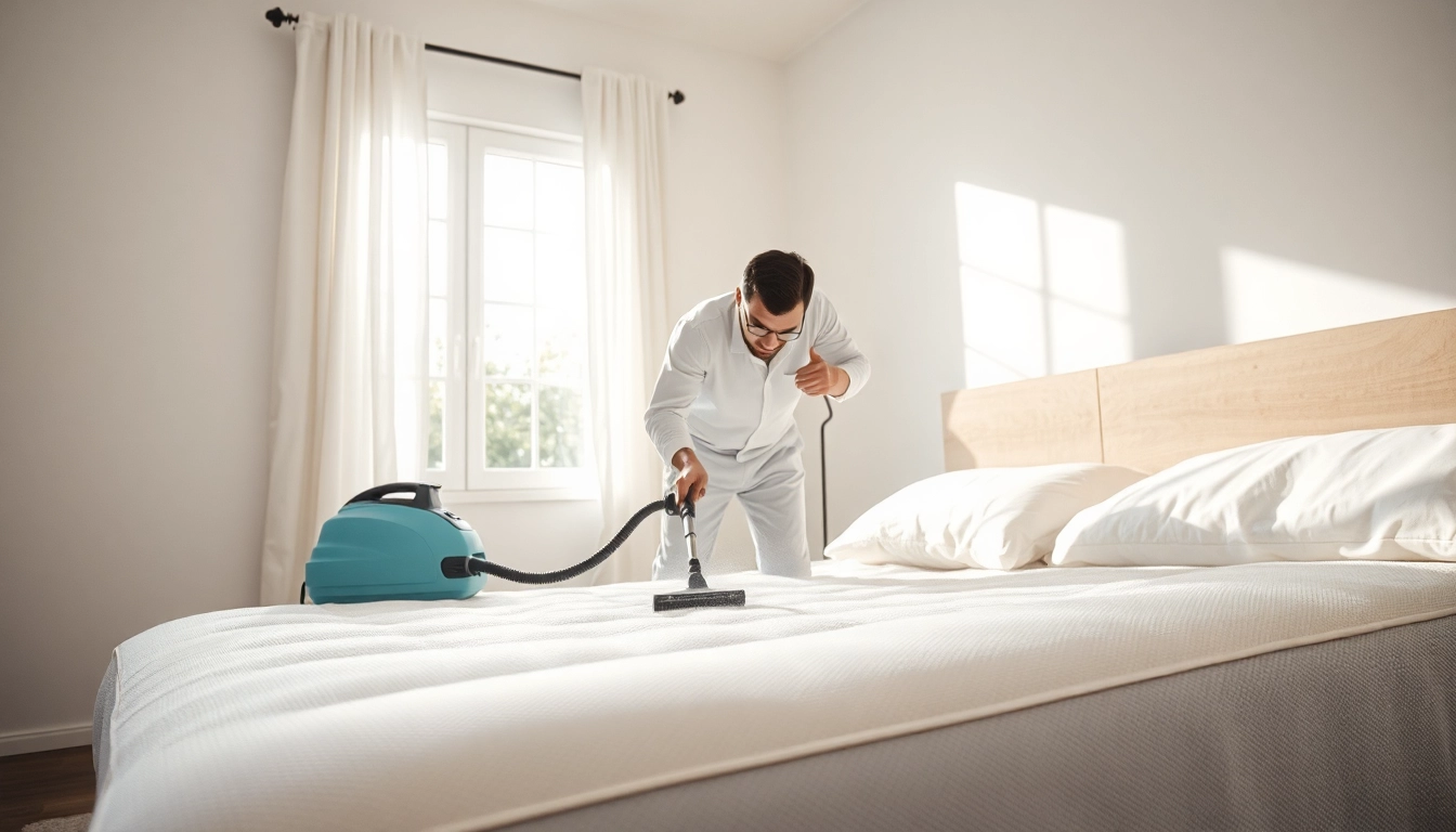 Technician conducting bed bug removal with steam cleaner in an inviting bedroom.