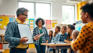 Engaged students in an interactive Education environment with a teacher and digital resources.