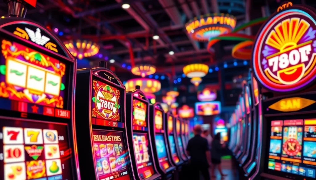 Putar slot machine dengan simbol berwarna cerah di pusat kasino yang ramai
