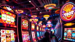 Putar slot machine dengan simbol berwarna cerah di pusat kasino yang ramai
