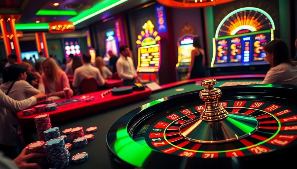 Players engaged at MM88's roulette table, a vibrant scene of excitement in a bustling casino setting.