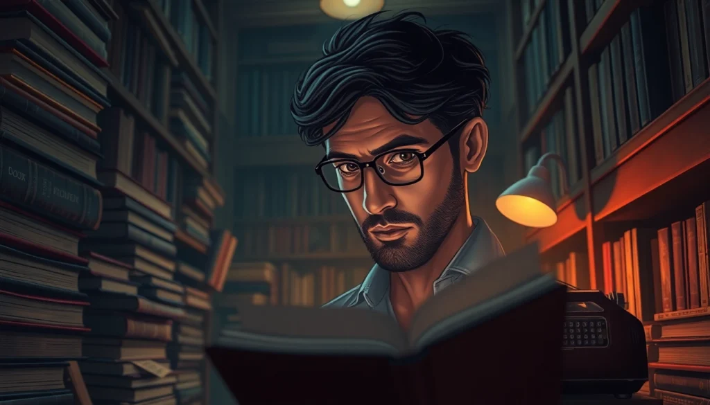 A thriller author immersed in writing amidst suspenseful novels and notes.