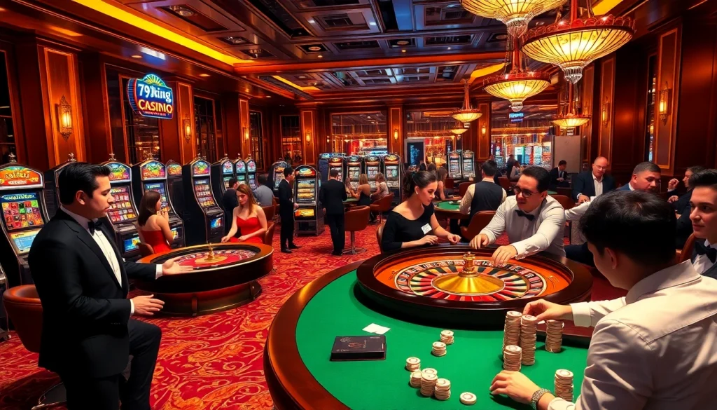 Experience the thrill of winning at 79king Casino with vibrant players at roulette and poker tables.