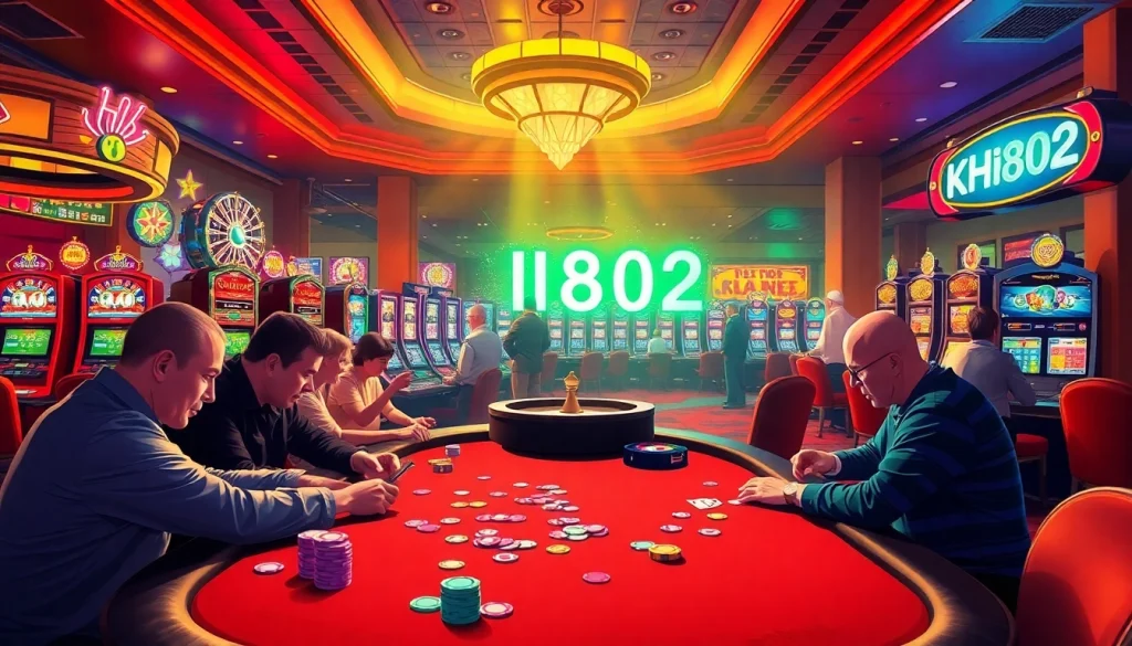 Exciting casino scene with players near the Hi8802 poker table, vibrant colors and lively atmosphere.
