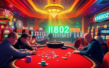 Exciting casino scene with players near the Hi8802 poker table, vibrant colors and lively atmosphere.