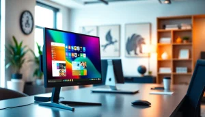 Engage with a virtual desktop setup showcasing a sleek dual-monitor display in a modern workspace.