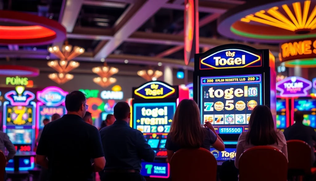 Menampilkan pengalaman bermain togel resmi slot di kasino dengan mesin slot berwarna-warni.