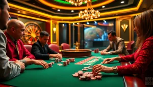 Experience the thrill of RR88 as players strategize at a vibrant poker table in an upscale casino.