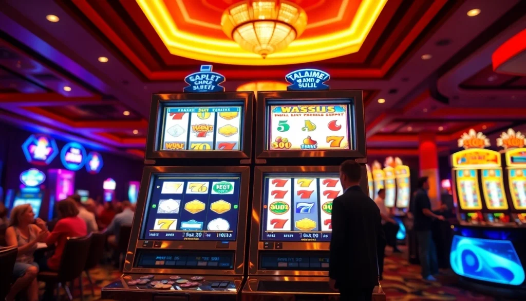 Putaran slot mesin suvenir di kasino dengan latar belakang berwarna cerah.