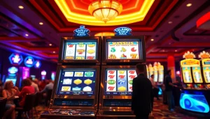 Putaran slot mesin suvenir di kasino dengan latar belakang berwarna cerah.