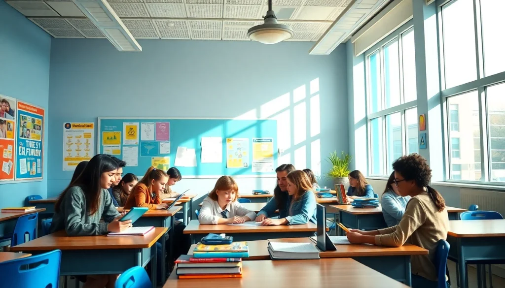 Engage students in an interactive Education scene with diverse learners collaborating.