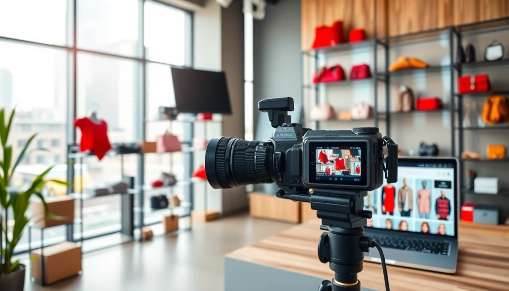 Fotografo ecommerce mentre fotografa prodotti in un ambiente urbano luminoso e professionale.