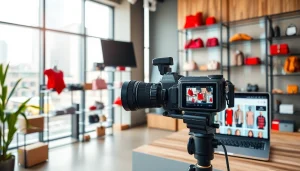 Fotografo ecommerce mentre fotografa prodotti in un ambiente urbano luminoso e professionale.