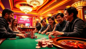 Enjoying a thrilling night at LIÊN MINH KJC poker table, vibrant chips and cards elevate the excitement.