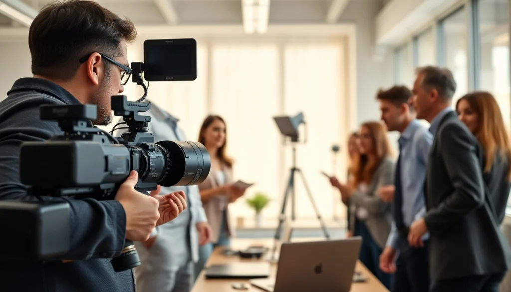 Engage with our corporate video production team creating captivating visuals in a professional setting.