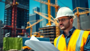 New York City Construction Manager supervising a bustling construction site in daylight.