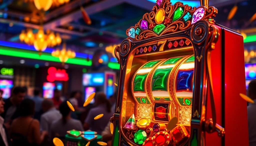 Link jewel4d slot menonjol pada mesin slot bertema permata dalam suasana kasino yang meriah.