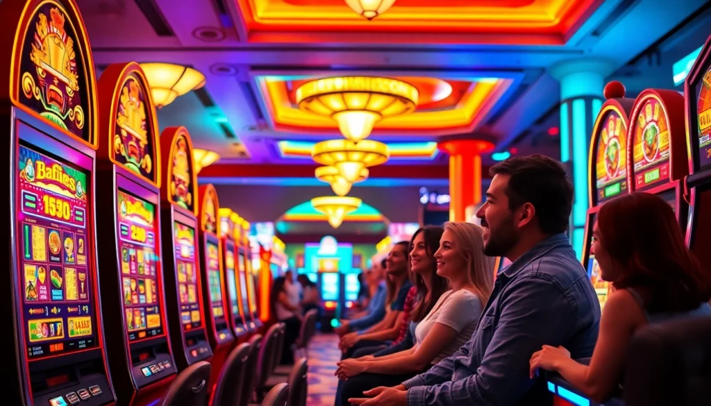 Permainan kasinojitu resmi dengan pemain bahagia dan mesin slot bersinar.