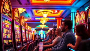 Permainan kasinojitu resmi dengan pemain bahagia dan mesin slot bersinar.