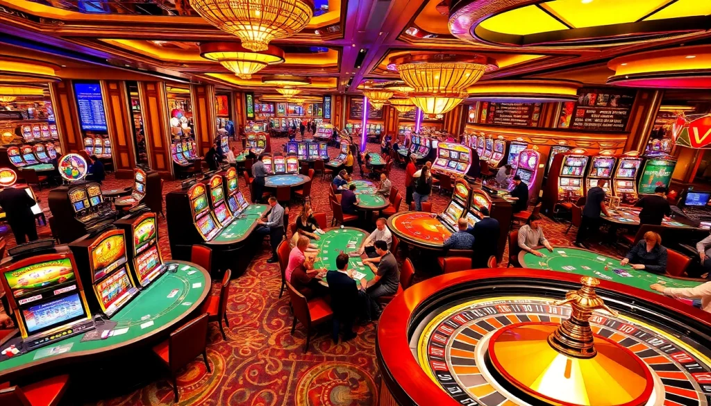 Experience the vibrant gambling world of KJC AC 1 with players enjoying casino tables and slot machines.