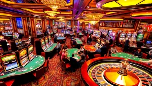 Experience the vibrant gambling world of KJC AC 1 with players enjoying casino tables and slot machines.