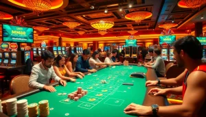 Dive into the thrill of gaming with https://mm88.sa.com/ showcasing a lively casino atmosphere filled with players at blackjack and slot machines.