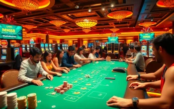 Dive into the thrill of gaming with https://mm88.sa.com/ showcasing a lively casino atmosphere filled with players at blackjack and slot machines.