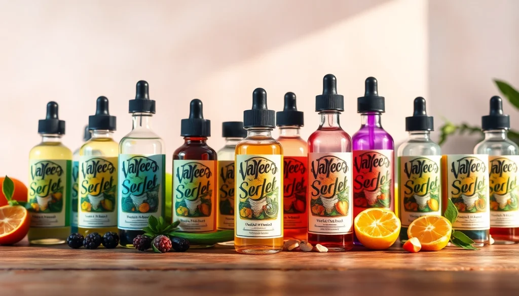 Verschiedene flüssige Vape-Aromen in bunten Flaschen auf einem Tisch