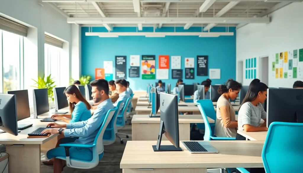 Enhance your skills at a busy typing center with diverse individuals focused on their tasks.