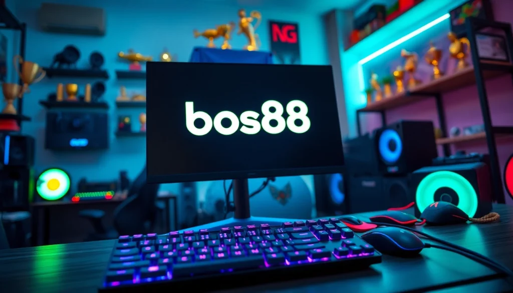 Menggambarkan pengalaman bermain bos88 dengan perangkat gaming modern dan logo mencolok.