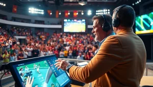 스포츠중계의 열광적인 장면에서 생생하게 중계하는 모습